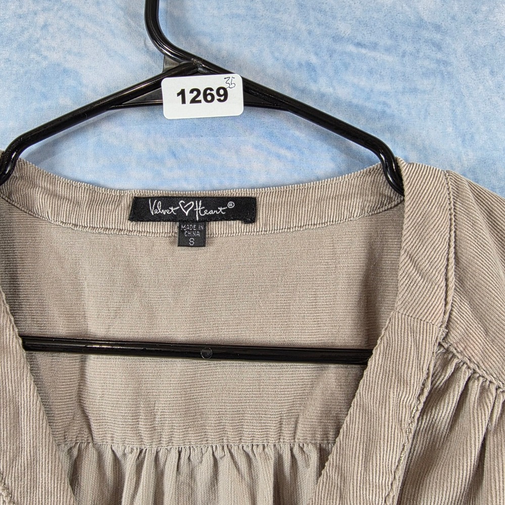 Velvet Heart Tan Corduroy Puff Sleeve Mini Dress V-Neck Ruffle Hem Small - Picture 2 of 8